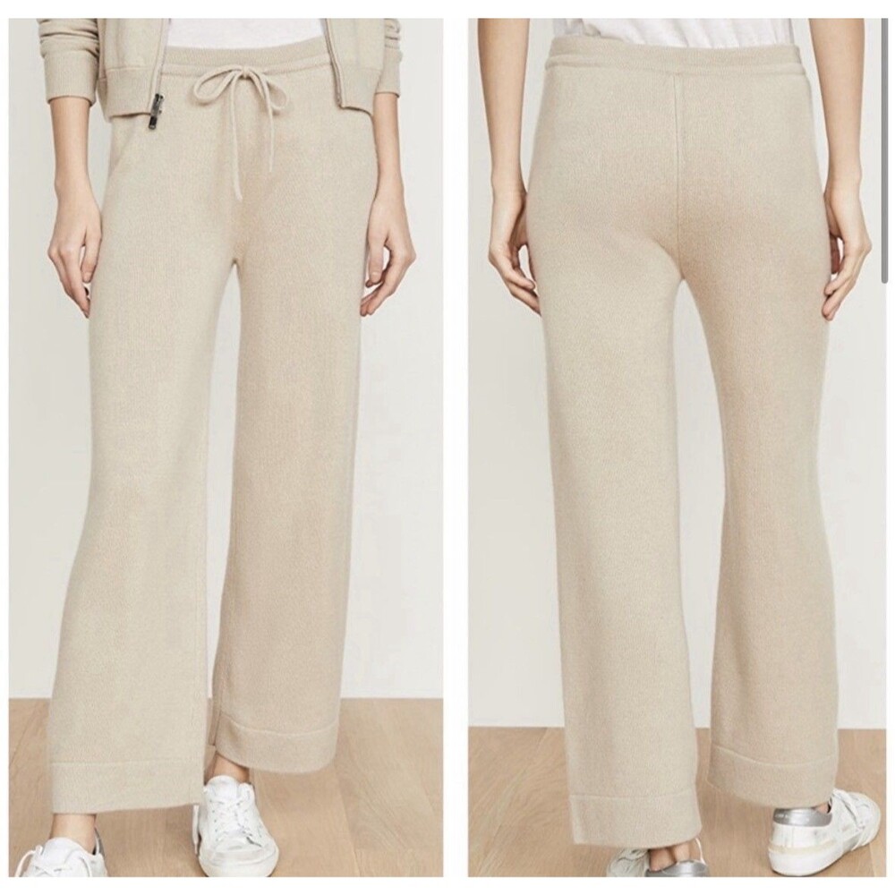 THEORY 100% Cashmere Relax Lounge Pants Small Beige Oat Ankle Drawstring